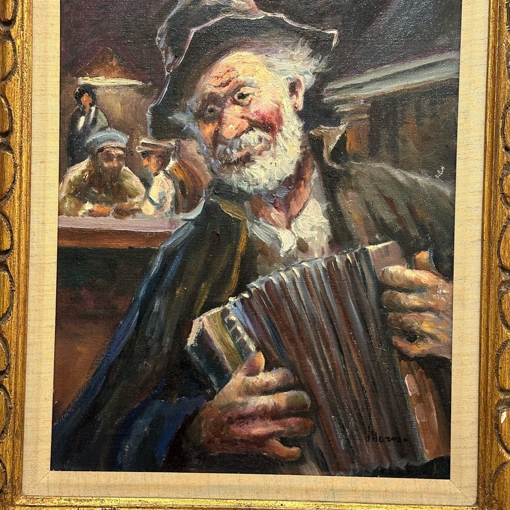 Vintage 3th quarter 20th century org painting elderly busker playing squeeze box - Picture 4 of 14
